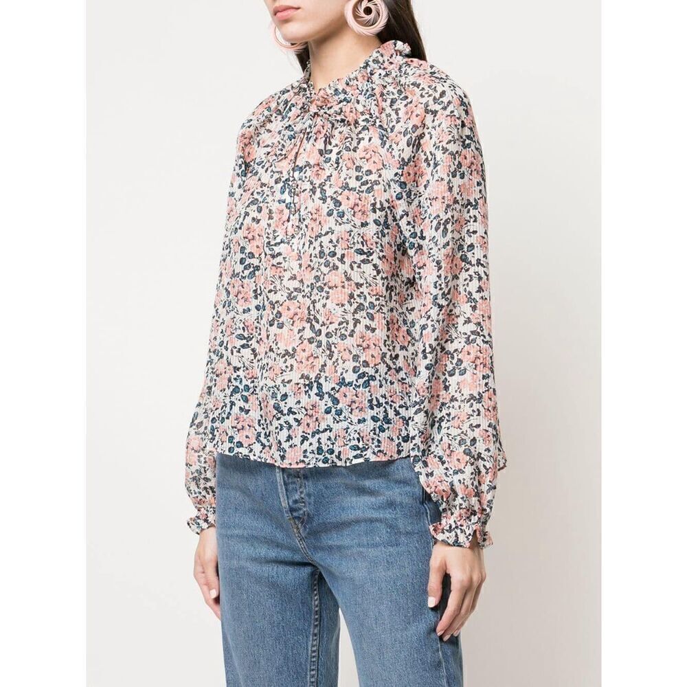 Womens Veronica Beard Antonette White Floral Ruffled Silk Blouse